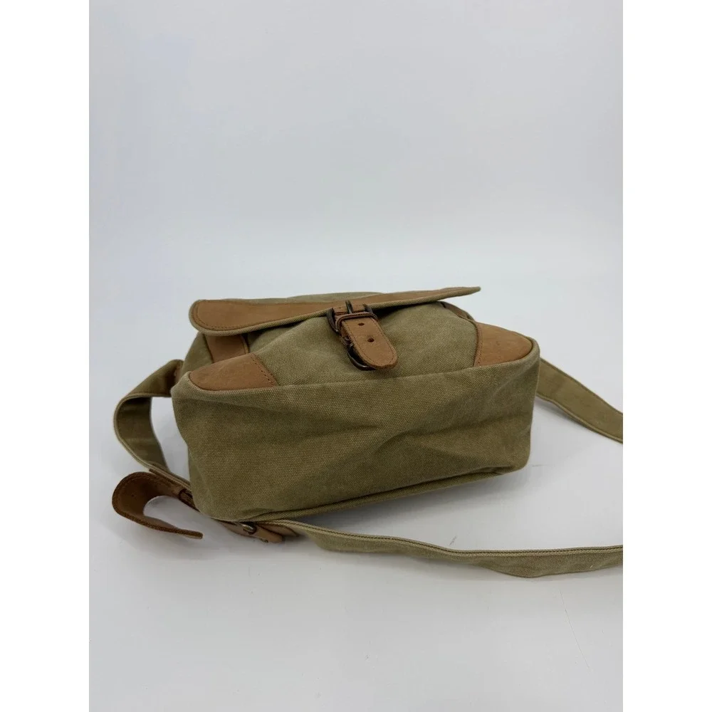 LL Bean Canvas Messenger Bag Olive Green Leather Trim Crossbody Field Bag Vtg